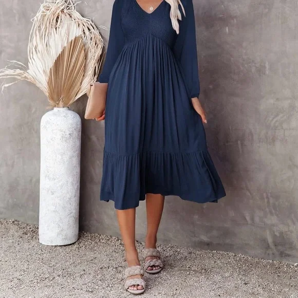 Zwurew V Neck Long Sleeve Rouched Bodice Dress in Navy Blue, Size XL - Picture 2 of 10